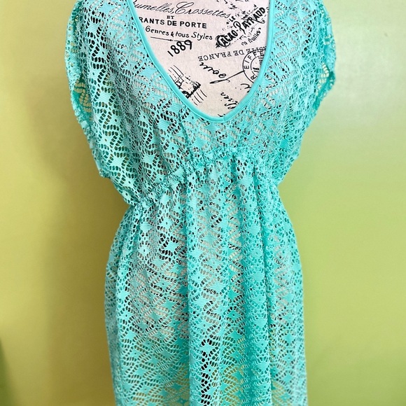 Turquoise Crochet Swimsuit Cover-Up Dress Size Large - Picture 1 of 5